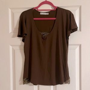 Chocolate brown lace edge detailed shirt sleeve blouse